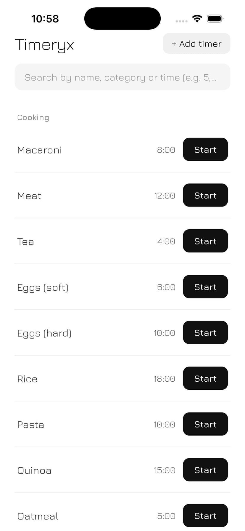 Timeryx app main screen